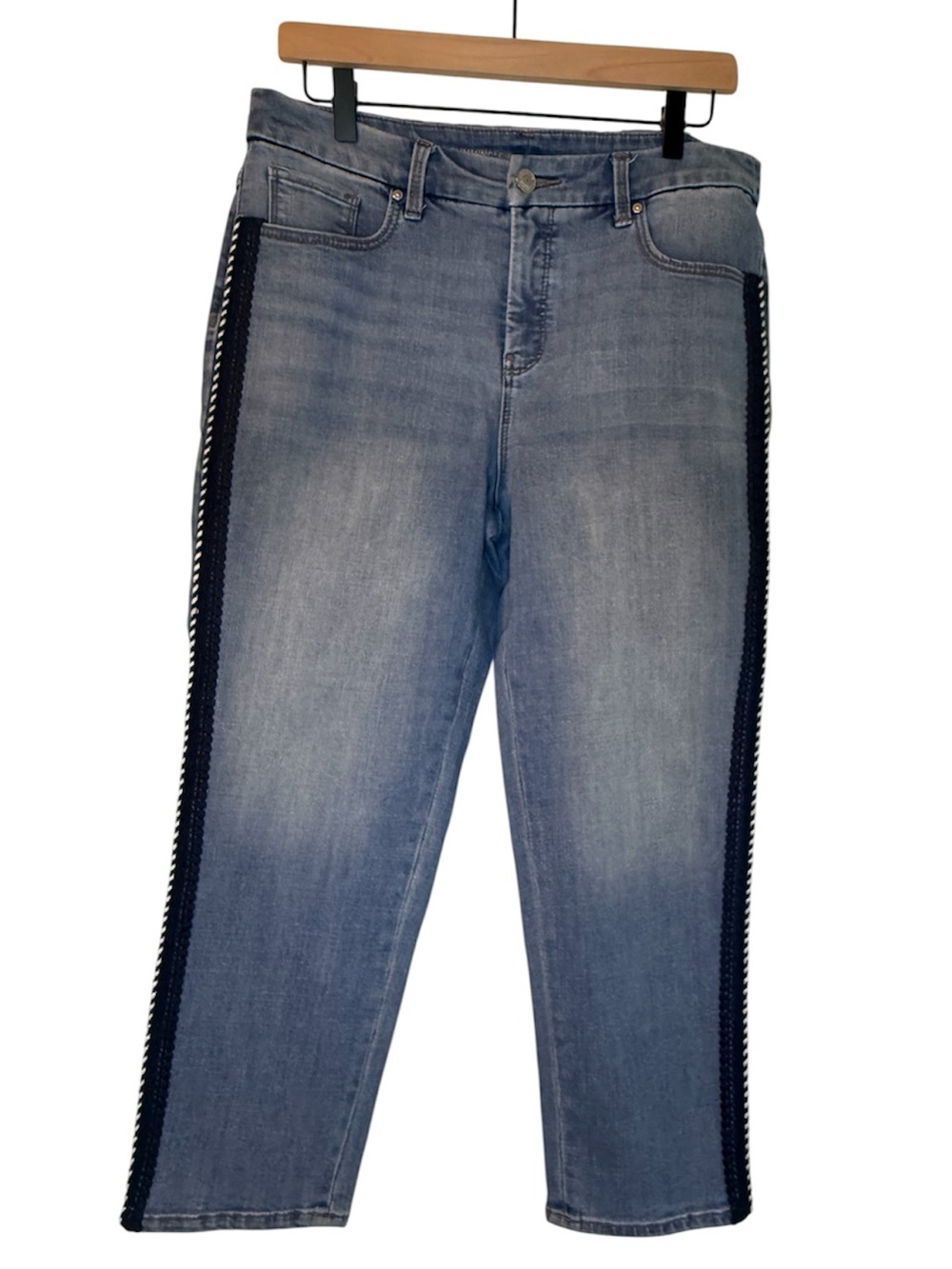 Chico's So Slimming Girlfriend Slim Leg Crop Jeans with Navy Side Trim